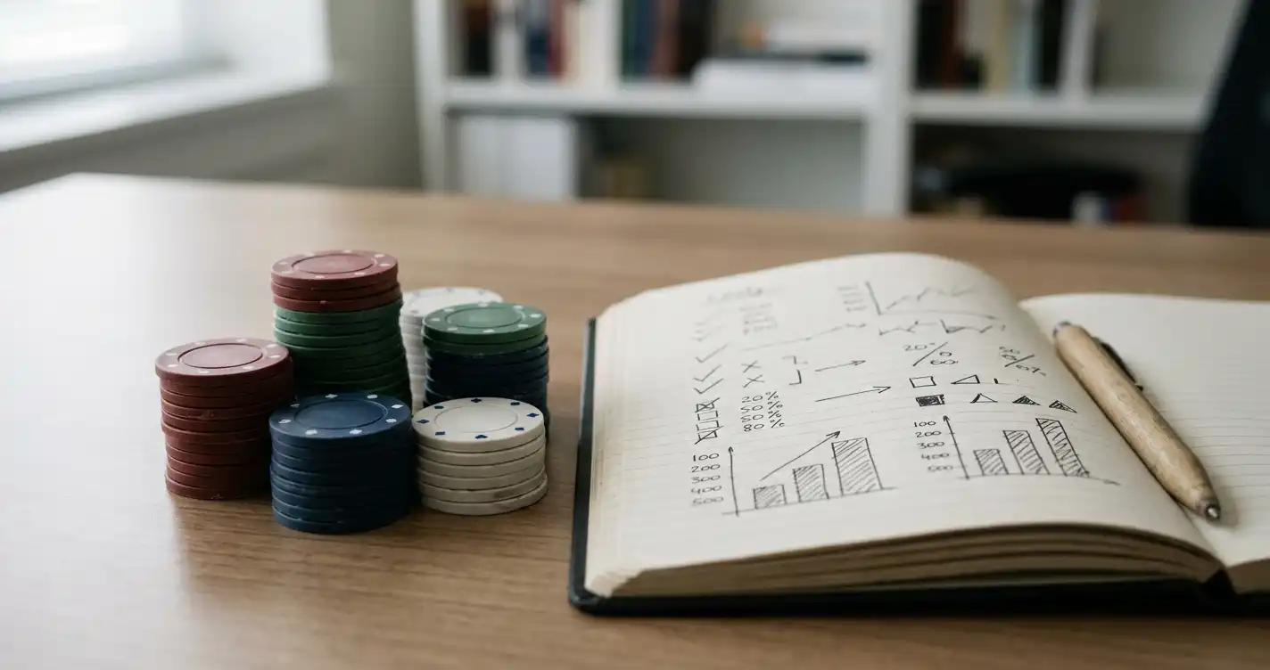 Neutral editorial illustration of gaming chips beside a simple ledger and progress marks representing wagering terms