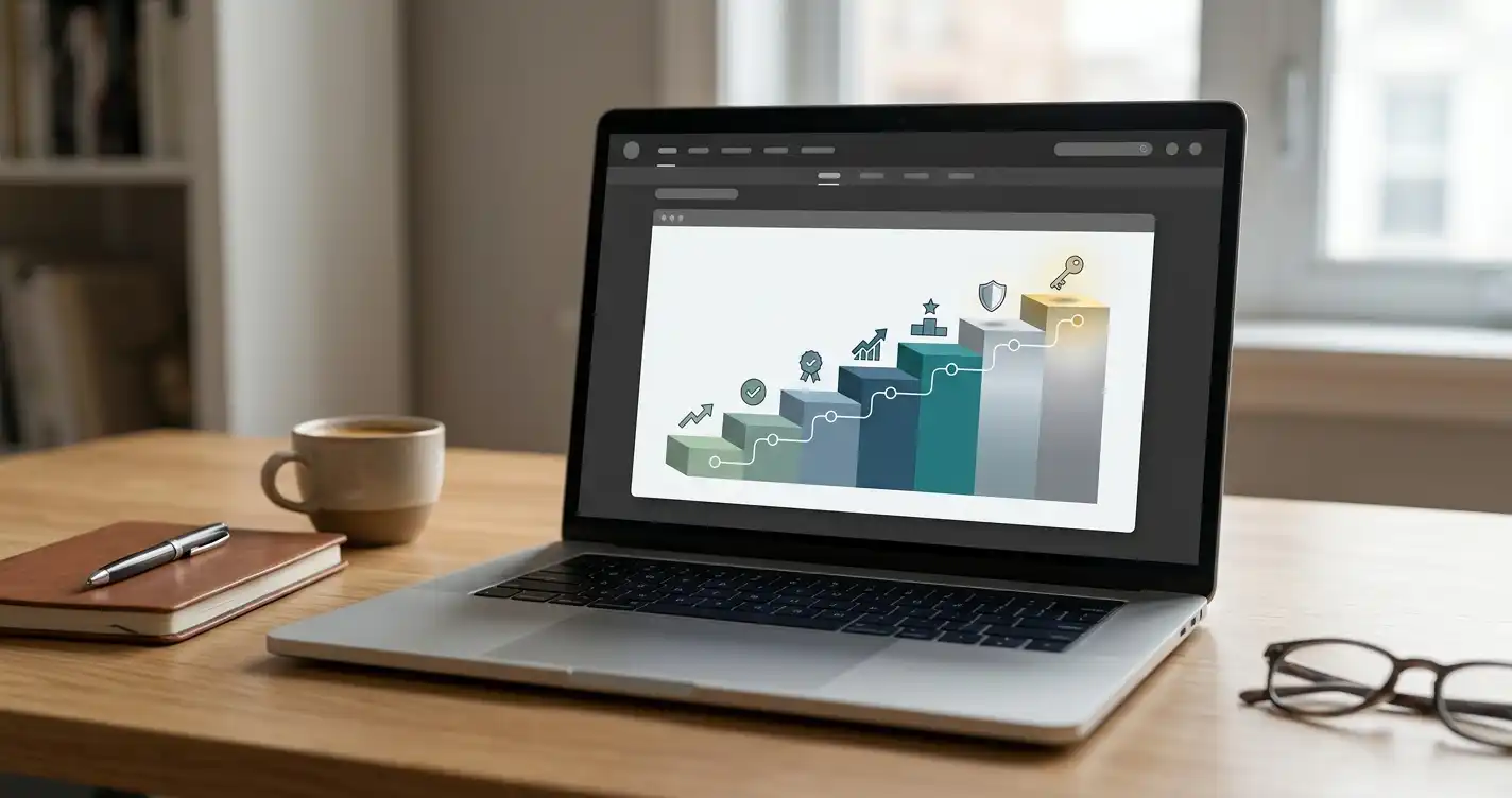 A neutral seven-step loyalty progression diagram on a laptop beside simple point markers with no casino branding or luxury imagery
