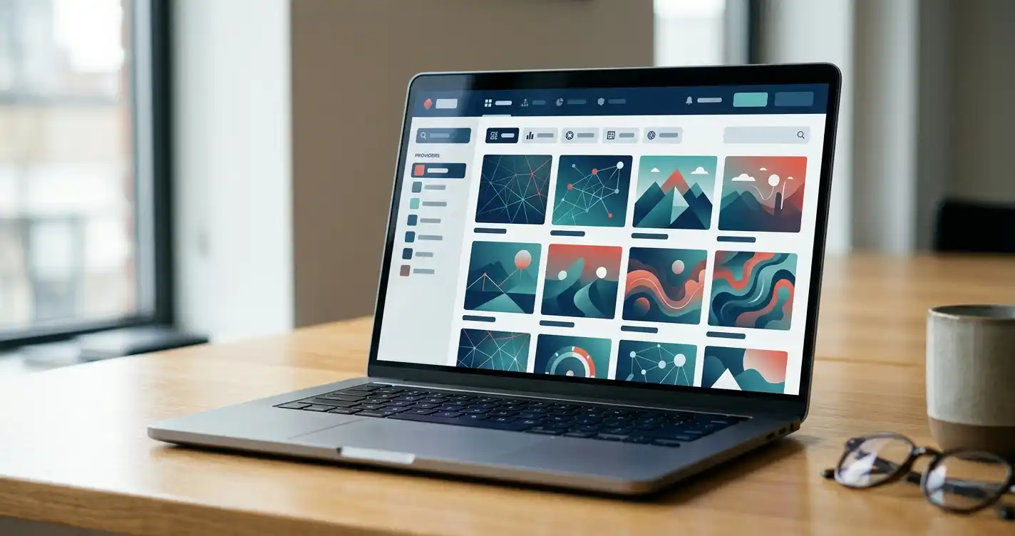 An adult browsing abstract game-category tiles on a laptop with neutral interface shapes and no gambling symbols