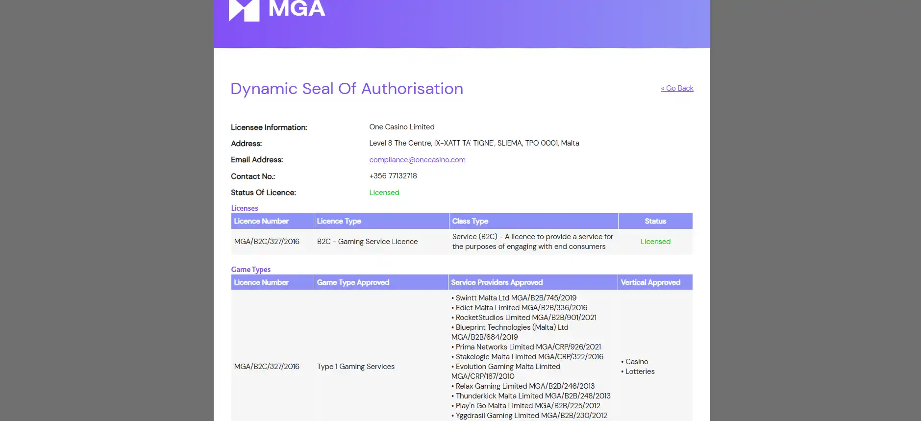 Malta Gaming Authority authorisation page for One Casino Limited showing the licence number and onecasino.com website entry