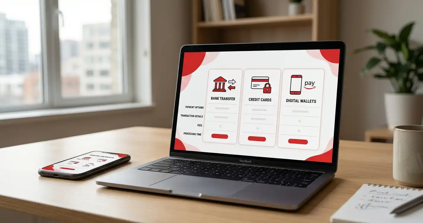 A person comparing bank, card and digital wallet payment routes on a laptop beside a phone
