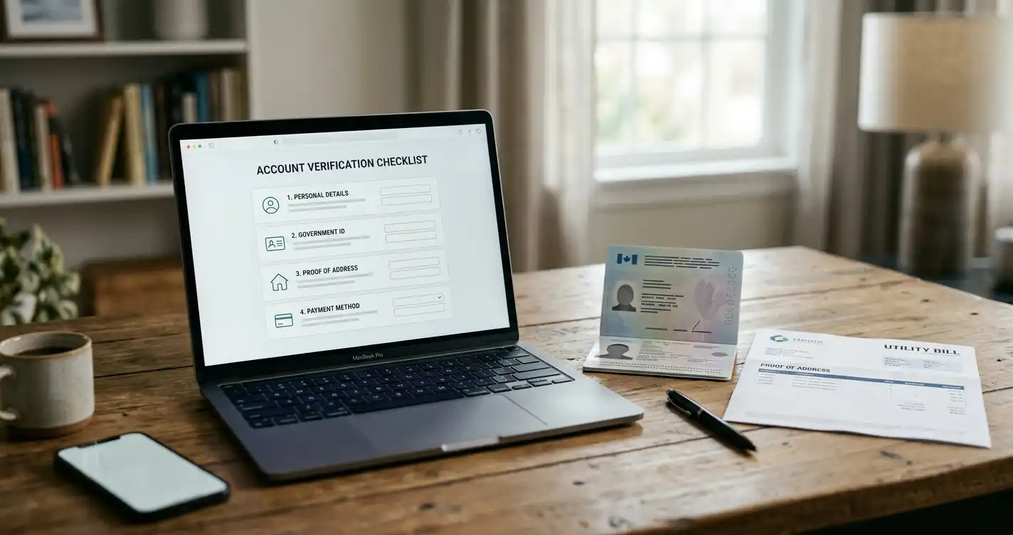 An adult reviewing an account-verification checklist beside a laptop with unreadable identity documents and no branded interface