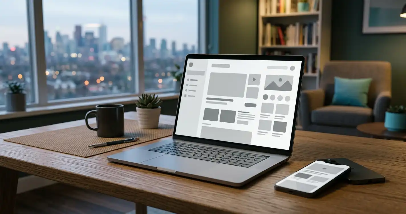 A person using a laptop and phone with neutral abstract entertainment interfaces in a modern Canadian apartment