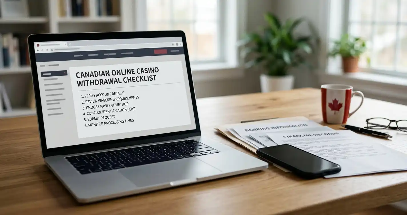 An adult reviewing a withdrawal checklist on a laptop beside neutral banking documents with personal details obscured